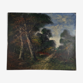 Ancienne huile sur toile paysage forestier animé 55x46 cm vintage 50s