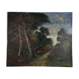 Old oil on canvas animated forest landscape 55x46 cm vintage 50s