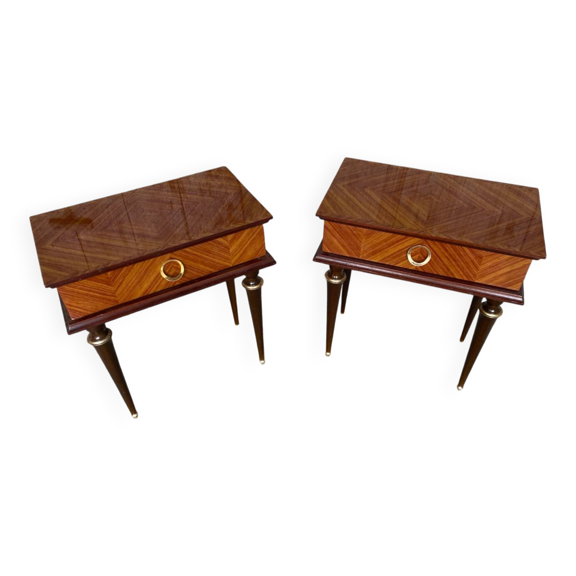 Nightstand Pair Wooden Drawer Compass Legs Vintage #D505
