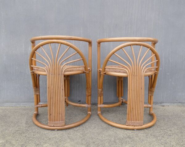 Ensemble en rotin table et fauteuils design modulable vintage