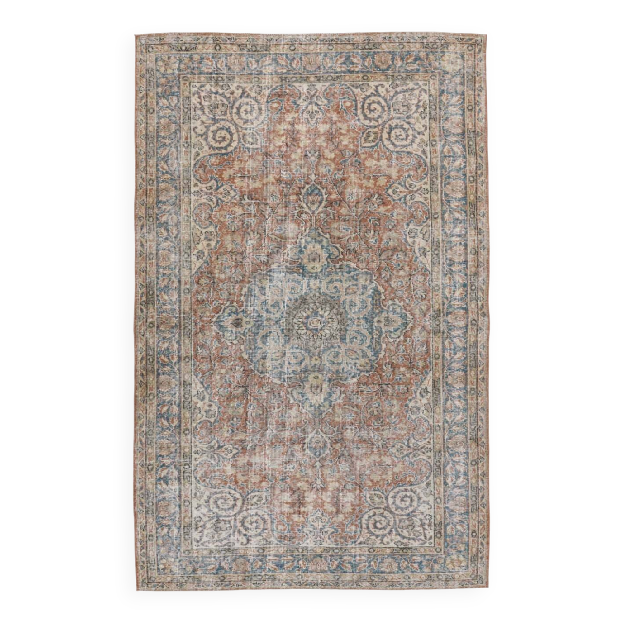 Tapis Persan Ancien – Fait Main Vintage à Médaillon, Tons Bleu et Brique