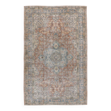 Tapis Persan Ancien – Fait Main Vintage à Médaillon, Tons Bleu et Brique