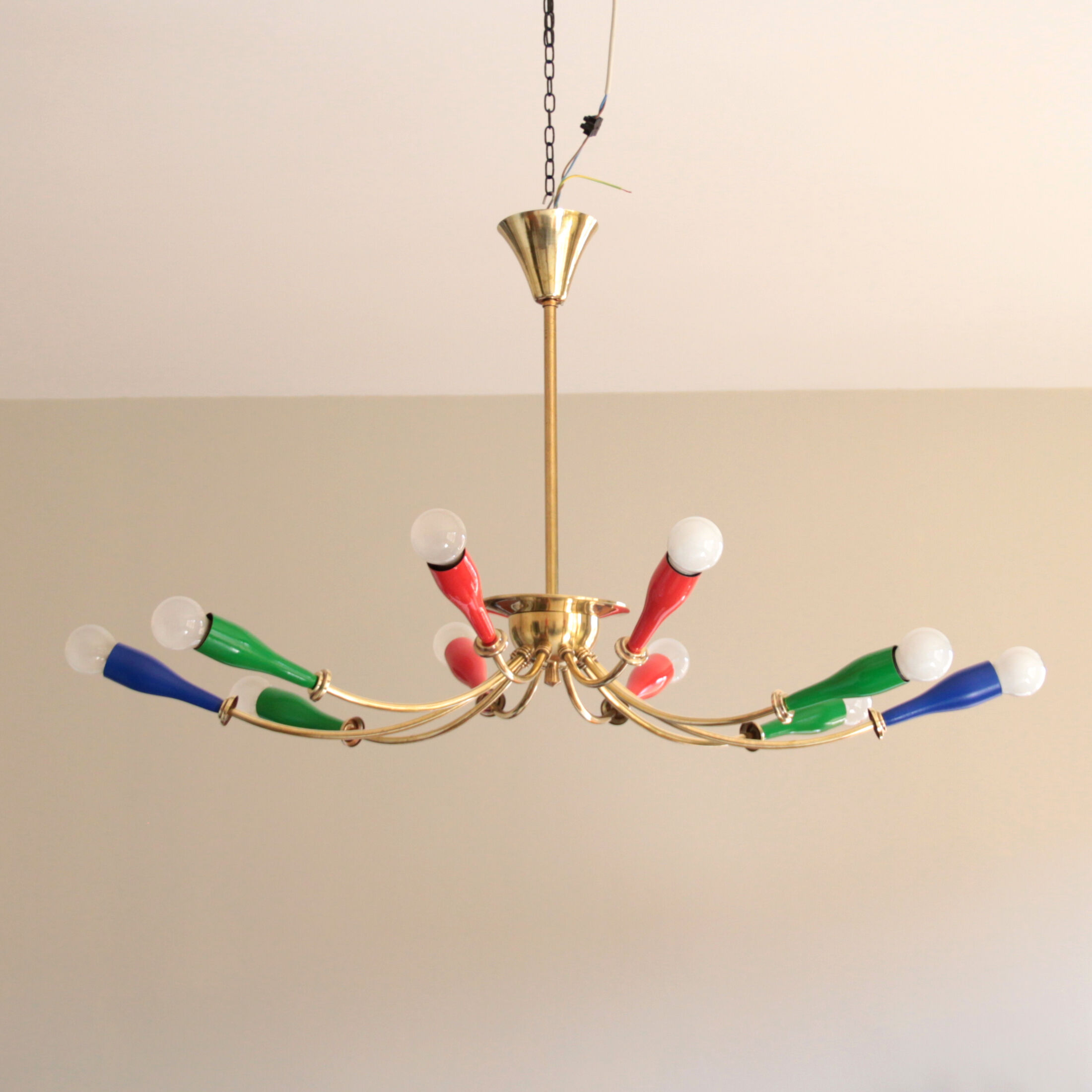 Vintage chandelier colorful brass 10 arms multicolored