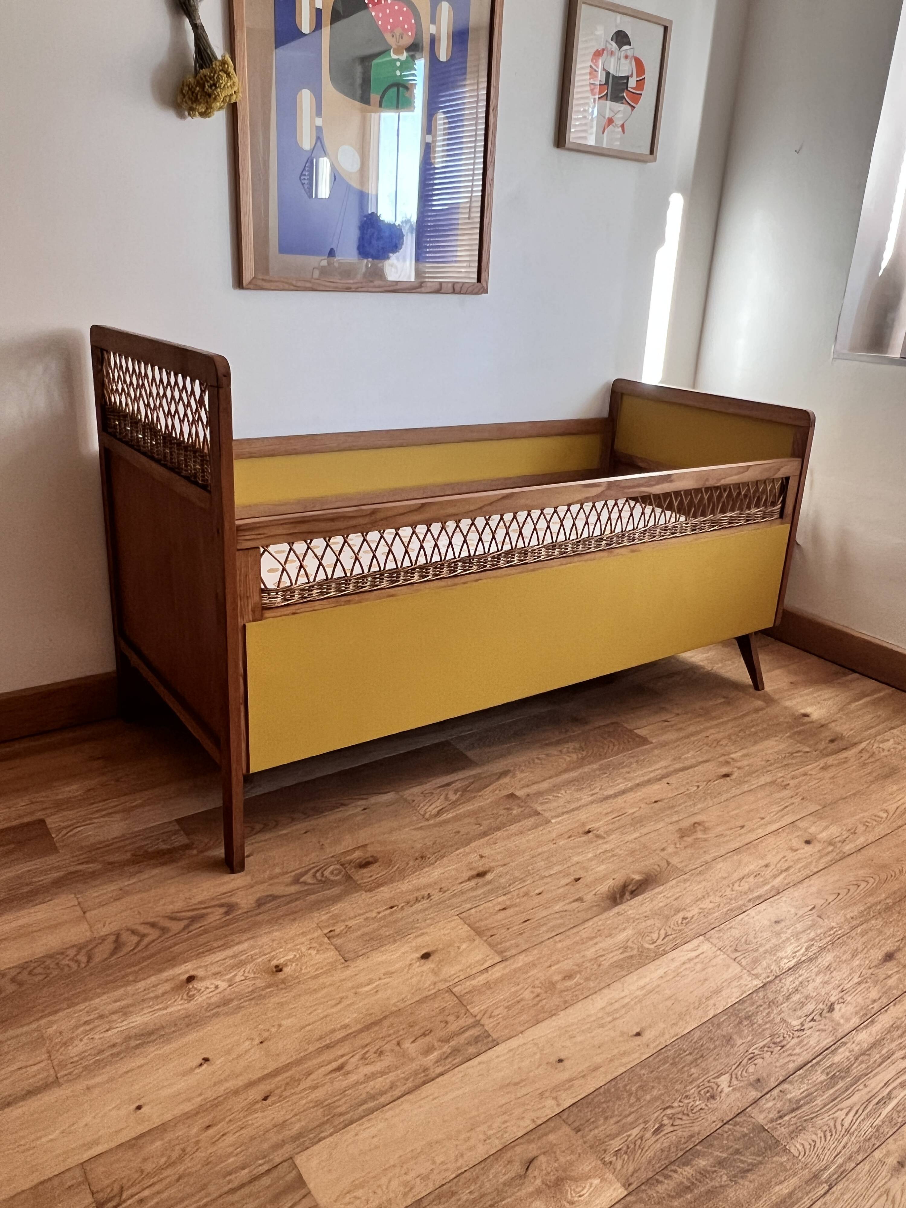Vintage rattan and wood baby bed