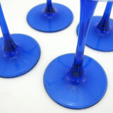 4 glasses of Alsace white wine - cobalt blue stem - Luminarc France - vintage 70s