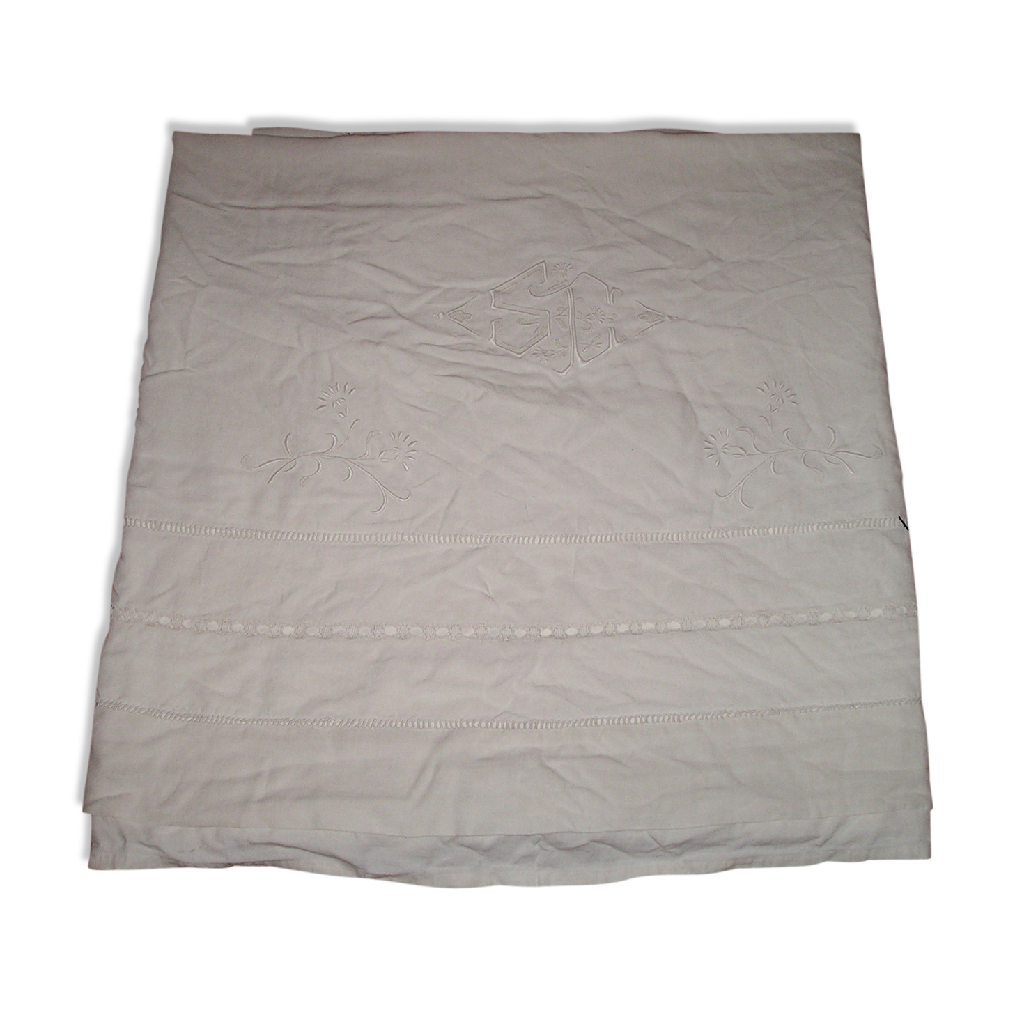 Drap ancien en lin ou métis à 3 rangées de jours avec retour