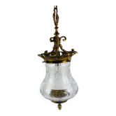 Suspension lanterne en bronze doré et verre gravé, style Louis XVI