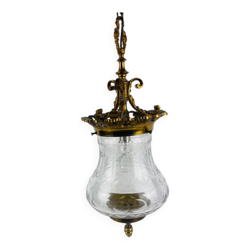 Suspension lantern in gilded bronze and engraved glass, Louis XVI style.