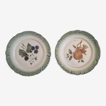 2 assiettes barbotine f.f pexonne en porcelaine opaque