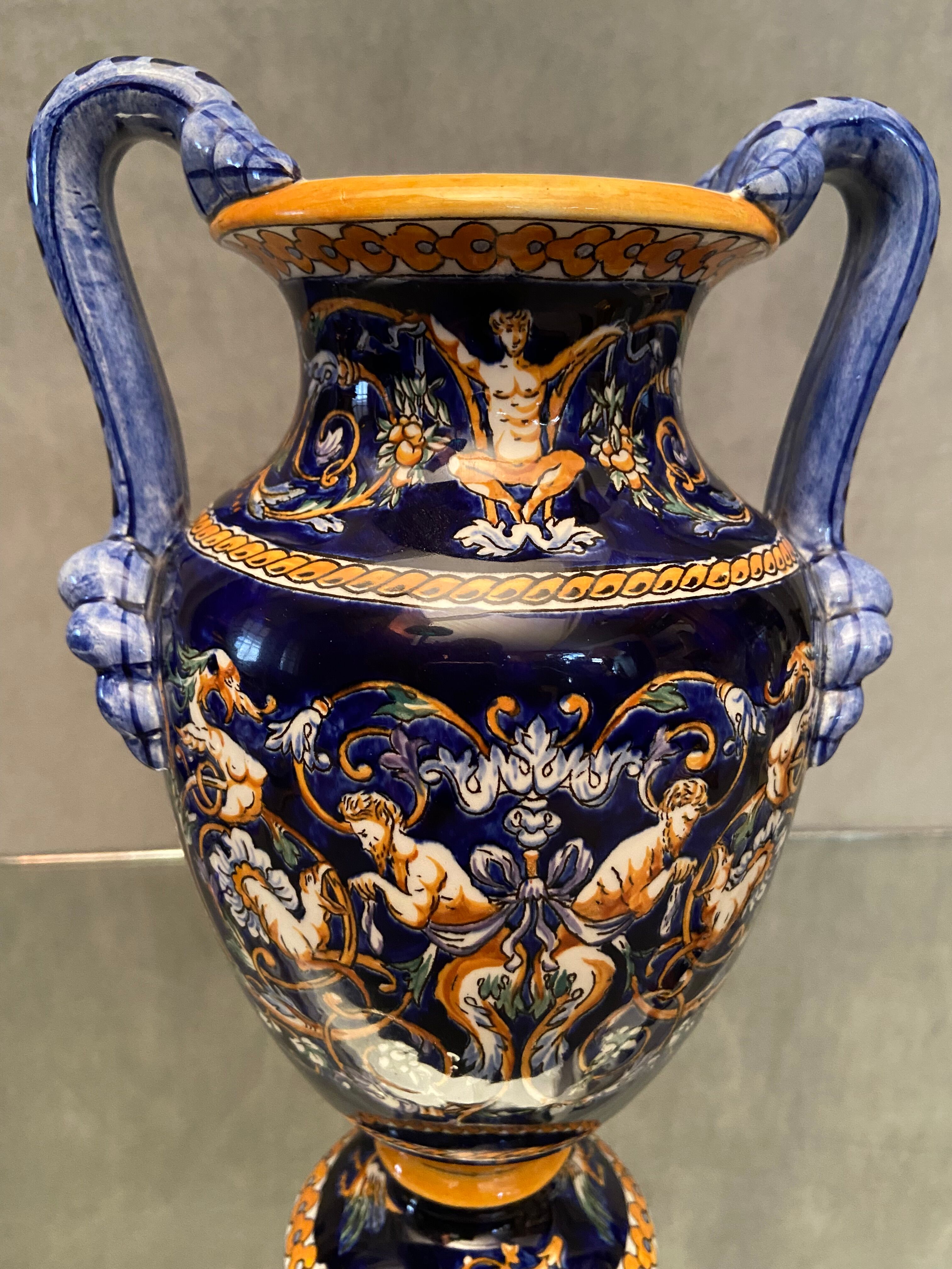 Vase on pedestal with handles in earthenware Gien Italian Renaissance decoration