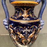 Vase on pedestal with handles in earthenware Gien Italian Renaissance decoration