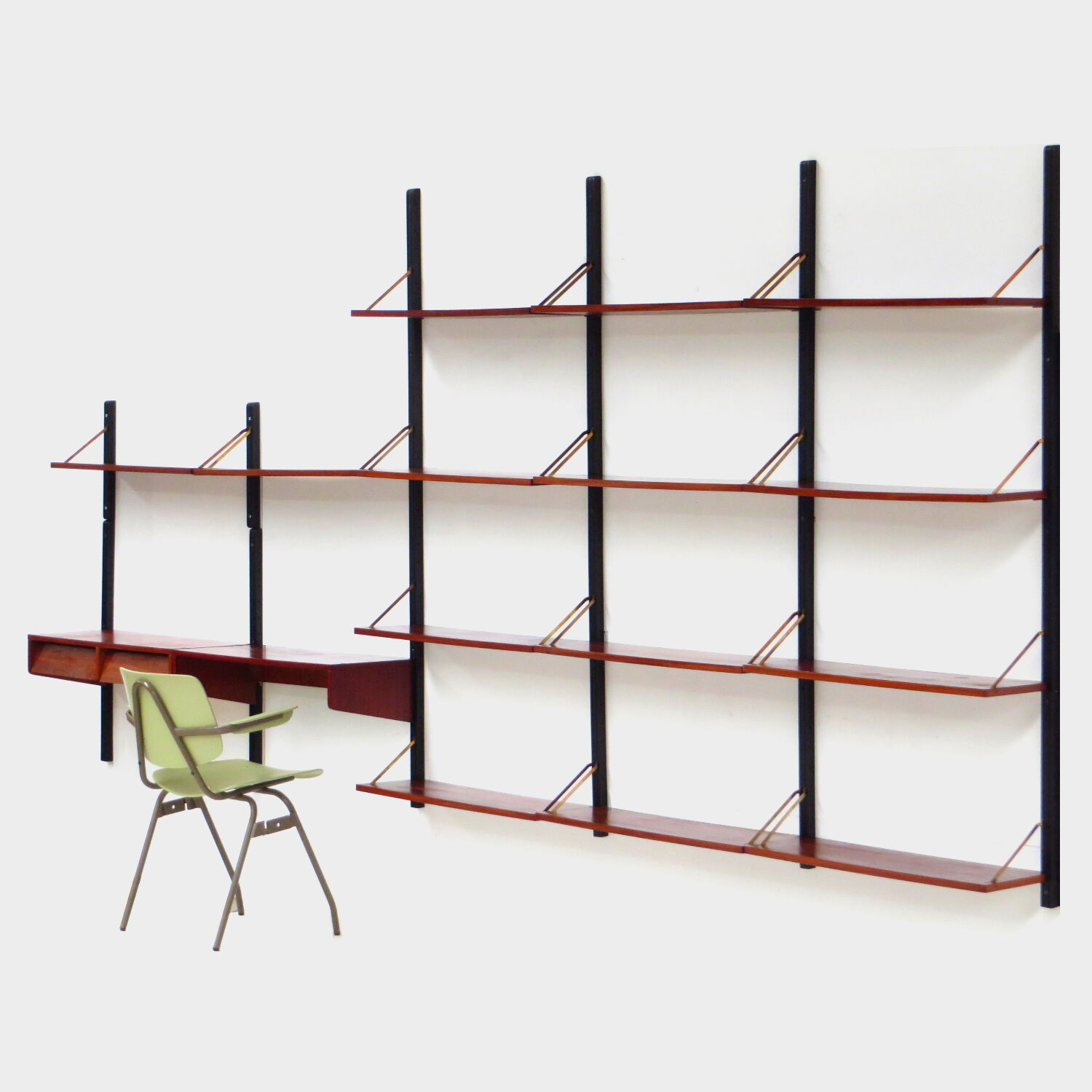 Mid century bookcase wall unit shelving system in teak with writing desk workstation, 1960s