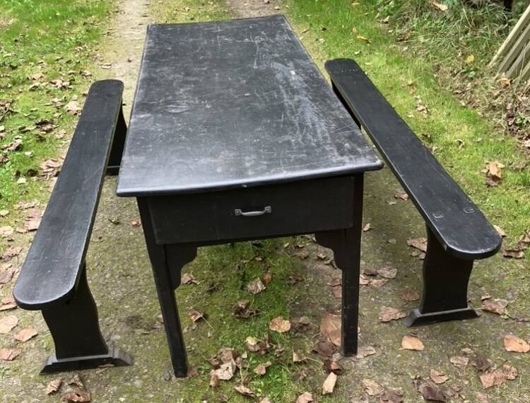 Old painted farmhouse table and 2 shabby chic benches