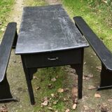 Old painted farmhouse table and 2 shabby chic benches