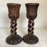 Pair of large twisted wooden candlesticks