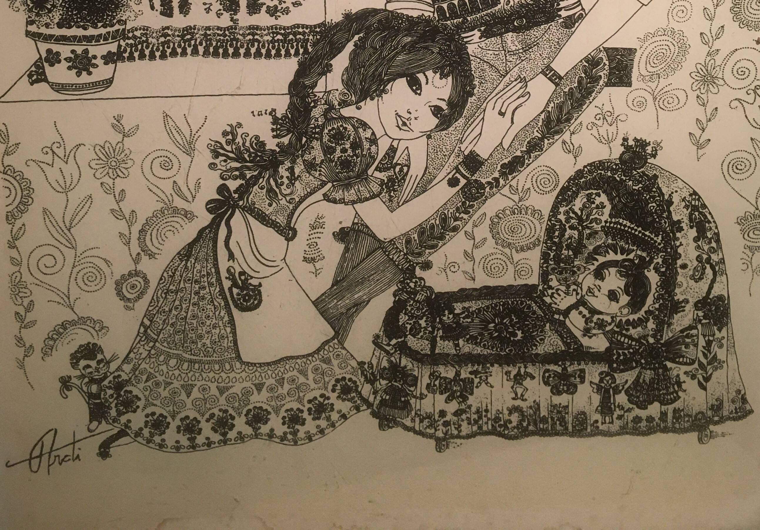 Illustration/signed paper print, framed, 60s/70s