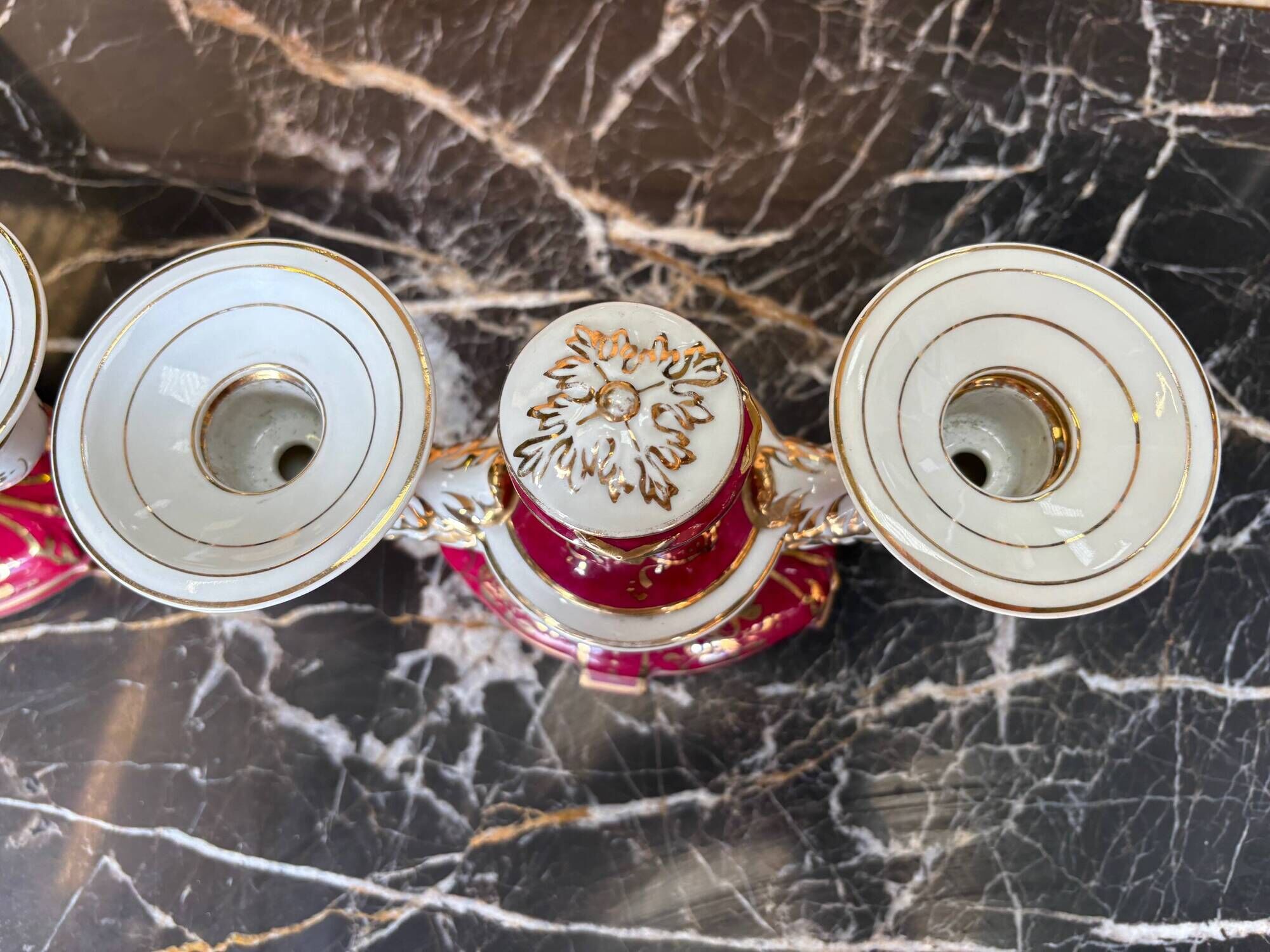 Pair of Limoges porcelain candlesticks with hand-decorated decoration – red and gold