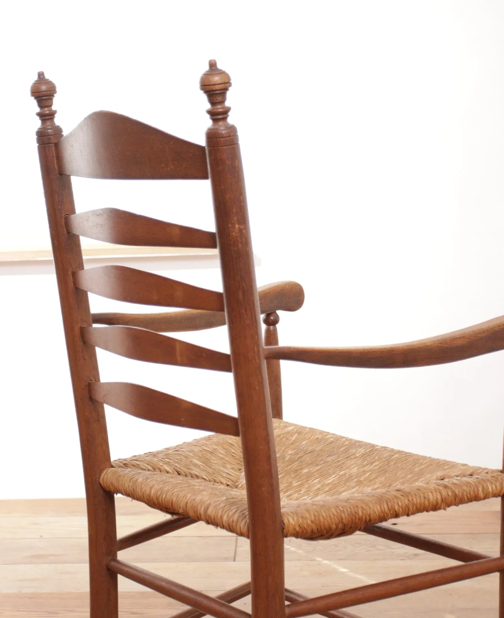 Dutch oak ladderback armchair with rush seat – 1950s