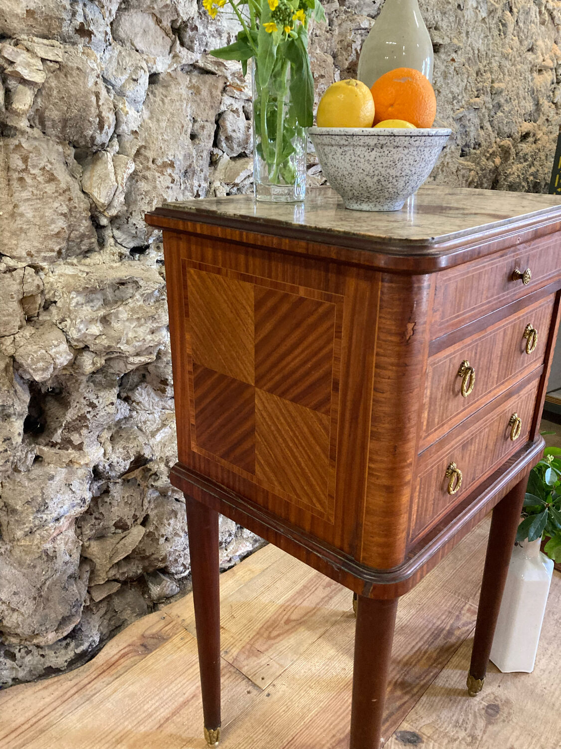 Louis XVI bedside in antique exotic wood marquetry / or harness