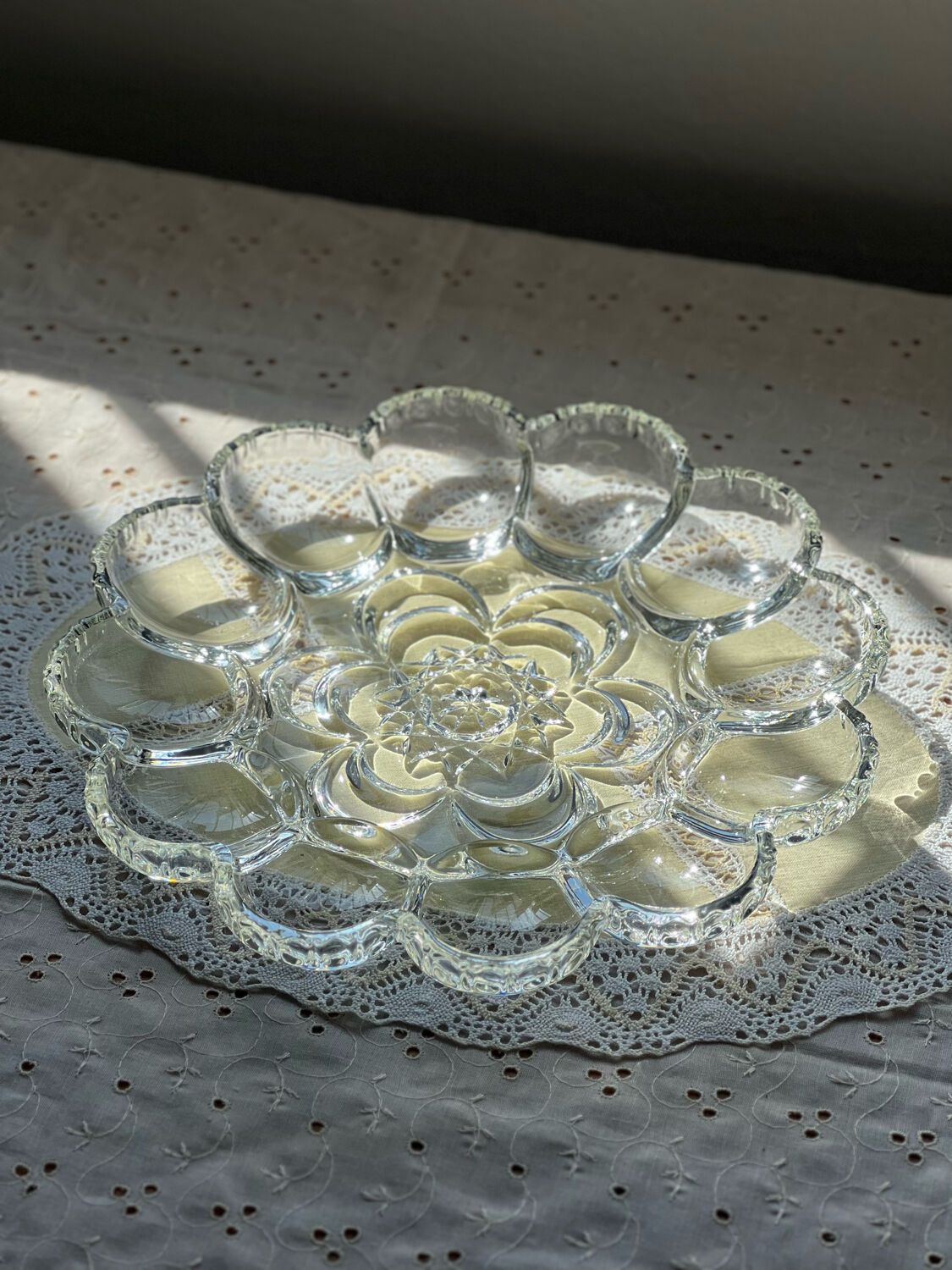 Crystal glass egg dish/tray by August Walther Glass