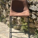 Tabouret de bar en métal et cuir vieilli