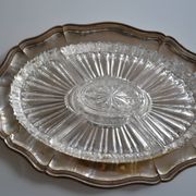 Plat serviteur apéritif métal argenté poinçon HKE et verre