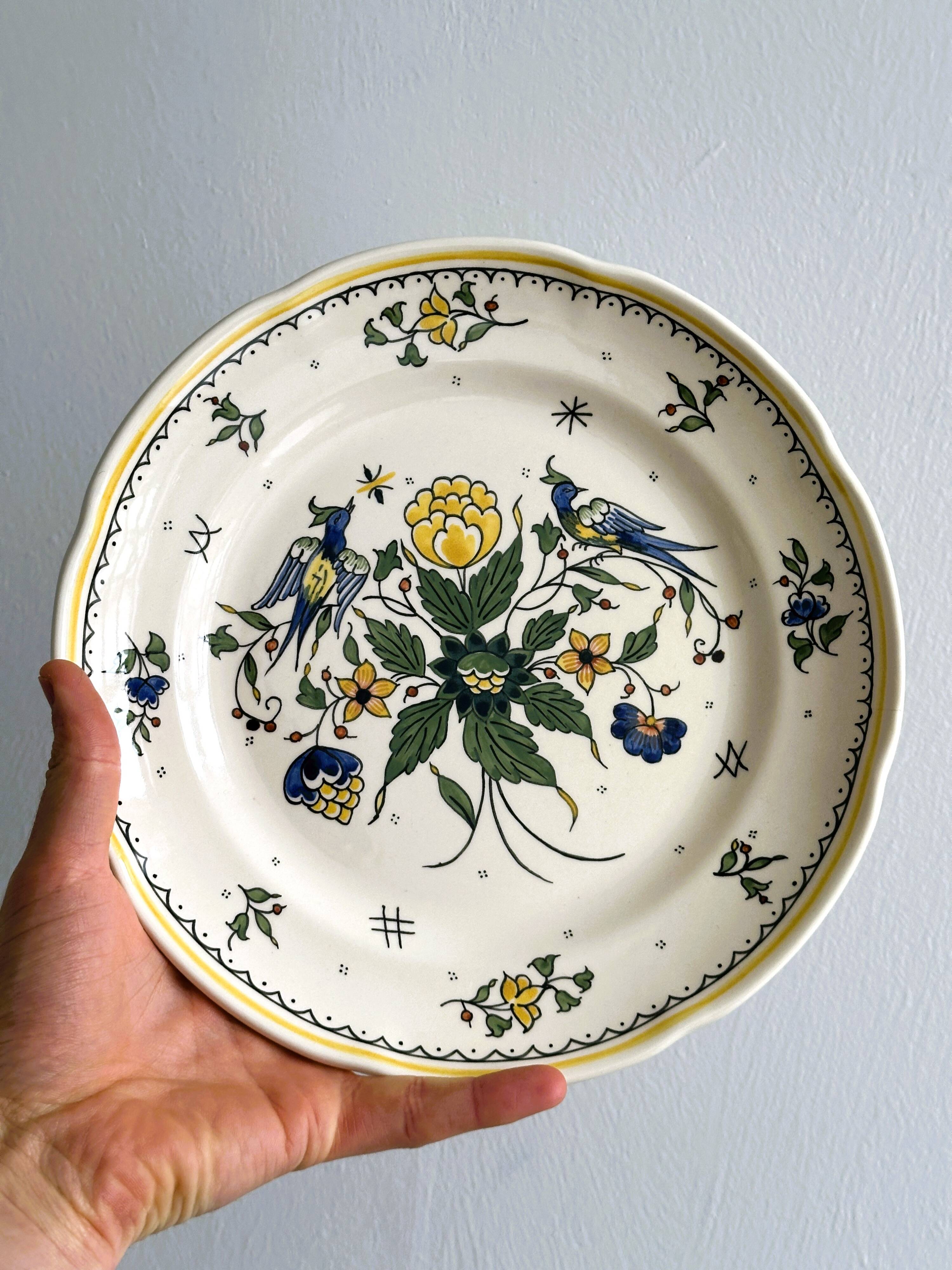 Earthenware plate, hand-painted floral and bird motif