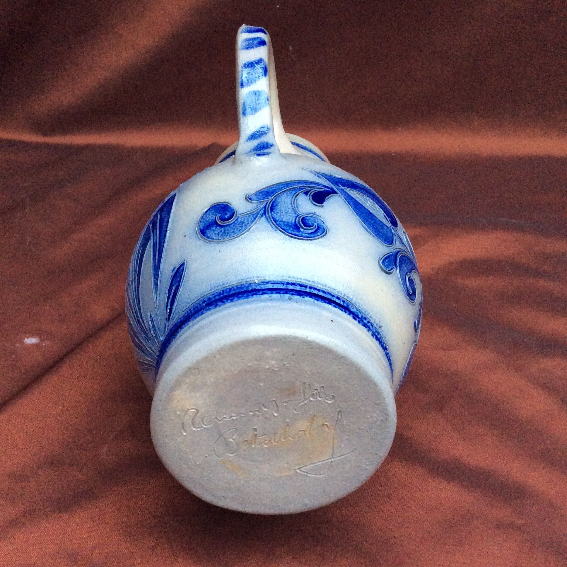 Old sandstone pitcher signed cobalt color and light gray dimension: height -22.5 cm- width -18.5