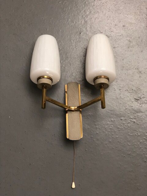 Pair of double vintage wall sconces in glass and brass