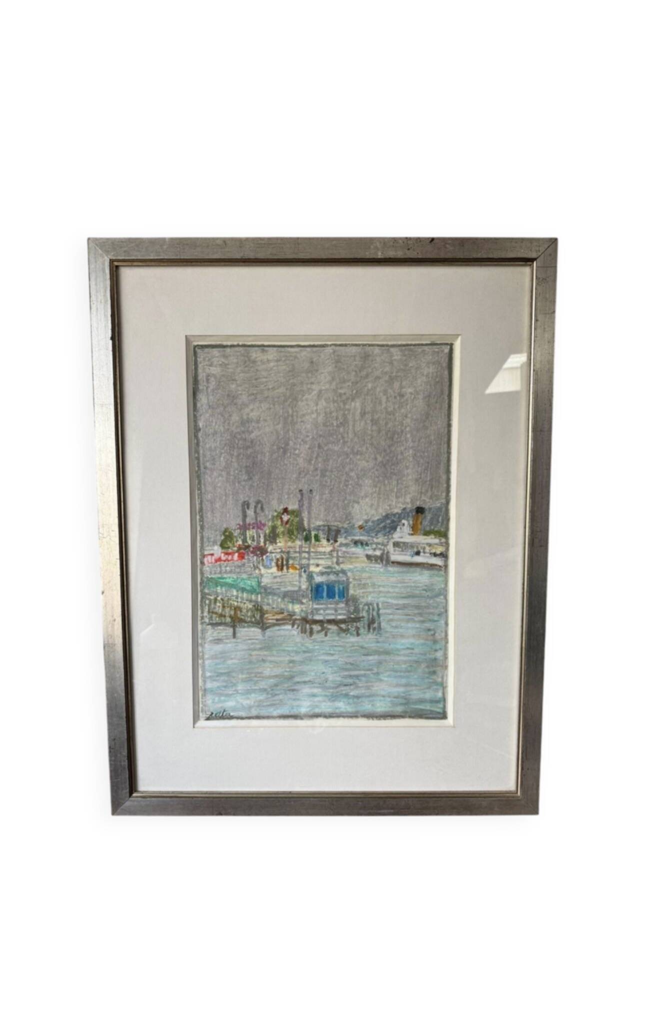 Tableau Marine. Original pastel signed by Henri Reiter. Port Normandie.