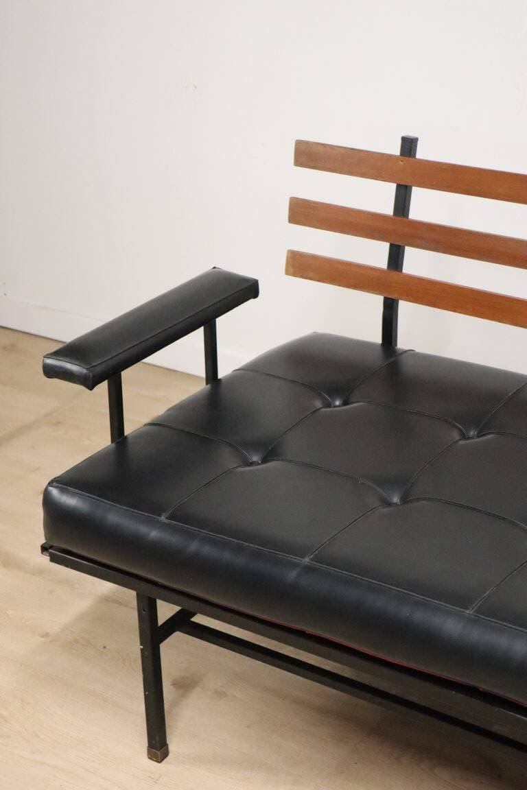 Vintage "Daybed" sofa bench in metal and imitation leather, 1950
