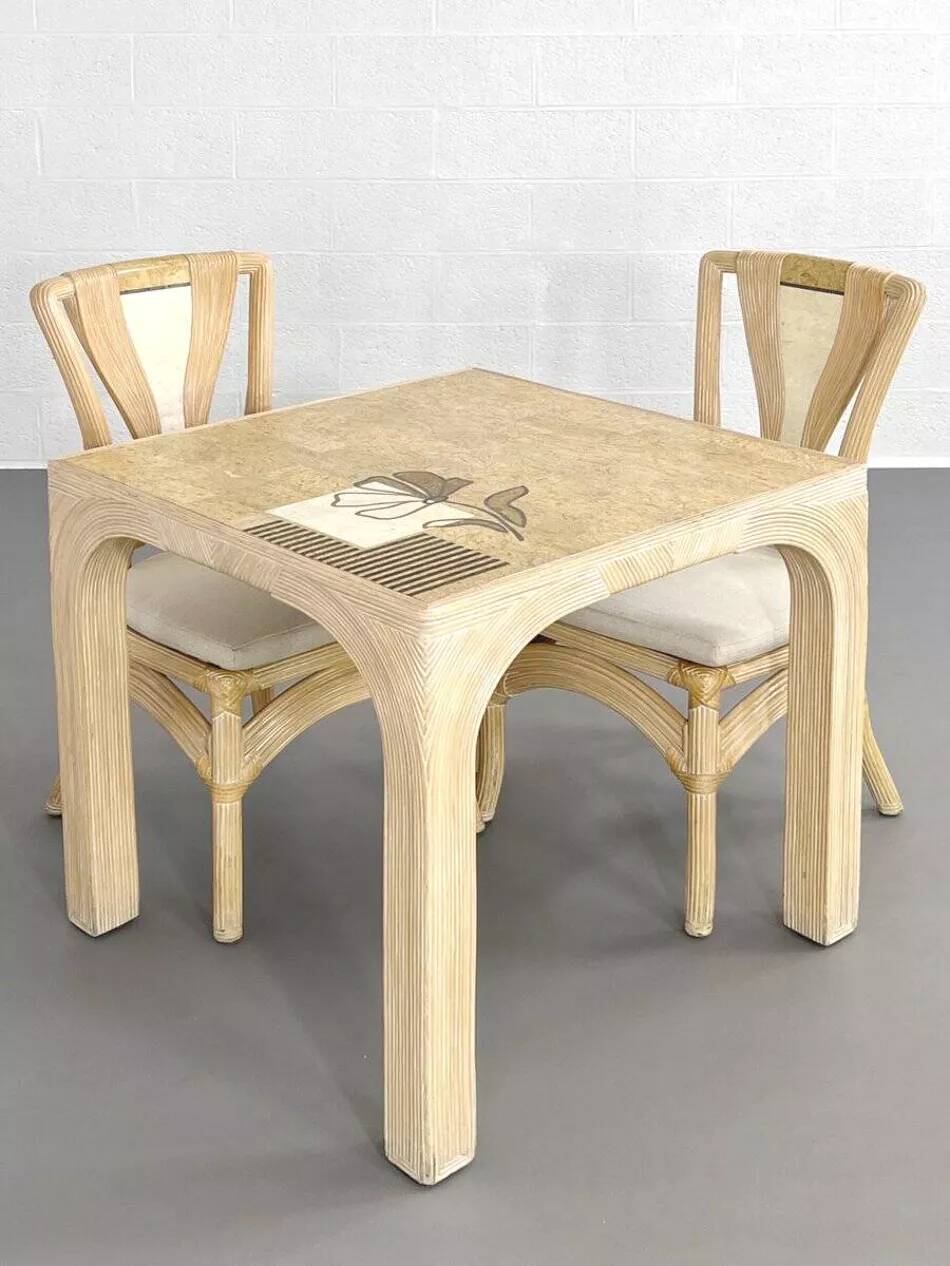 Square Rattan and Stone Marquetry Table with Matching Chairs, 1970