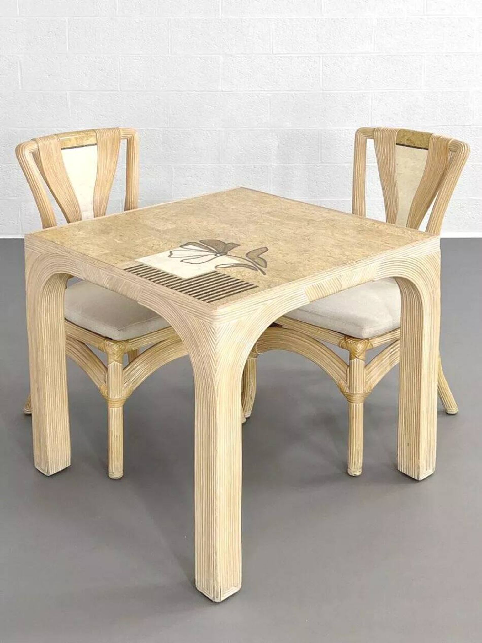 Square Rattan and Stone Marquetry Table with Matching Chairs, 1970
