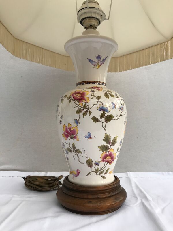 Lampe céramique Moustiers & socle bois avec abat-jour tissu beige vintage