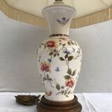 Lampe céramique Moustiers & socle bois avec abat-jour tissu beige vintage