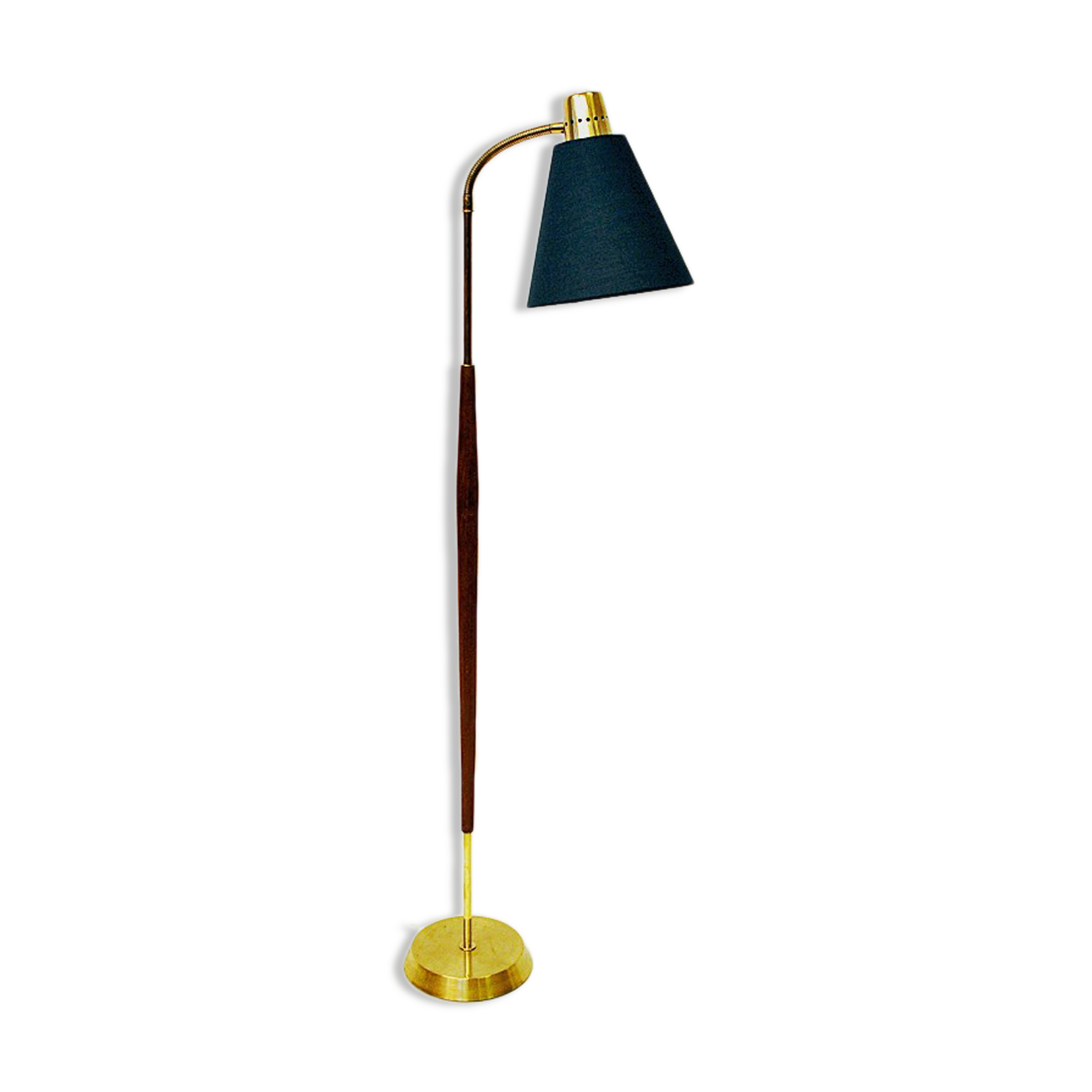 Lampadaire vintage en teck et laiton avec abat-jour vert par Borèns, Borås, Suède 1950s