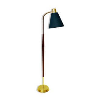 Lampadaire vintage en teck et laiton avec abat-jour vert par Borèns, Borås, Suède 1950s
