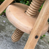 1950s solid oak tripod workshop stool with a screw mechanism.