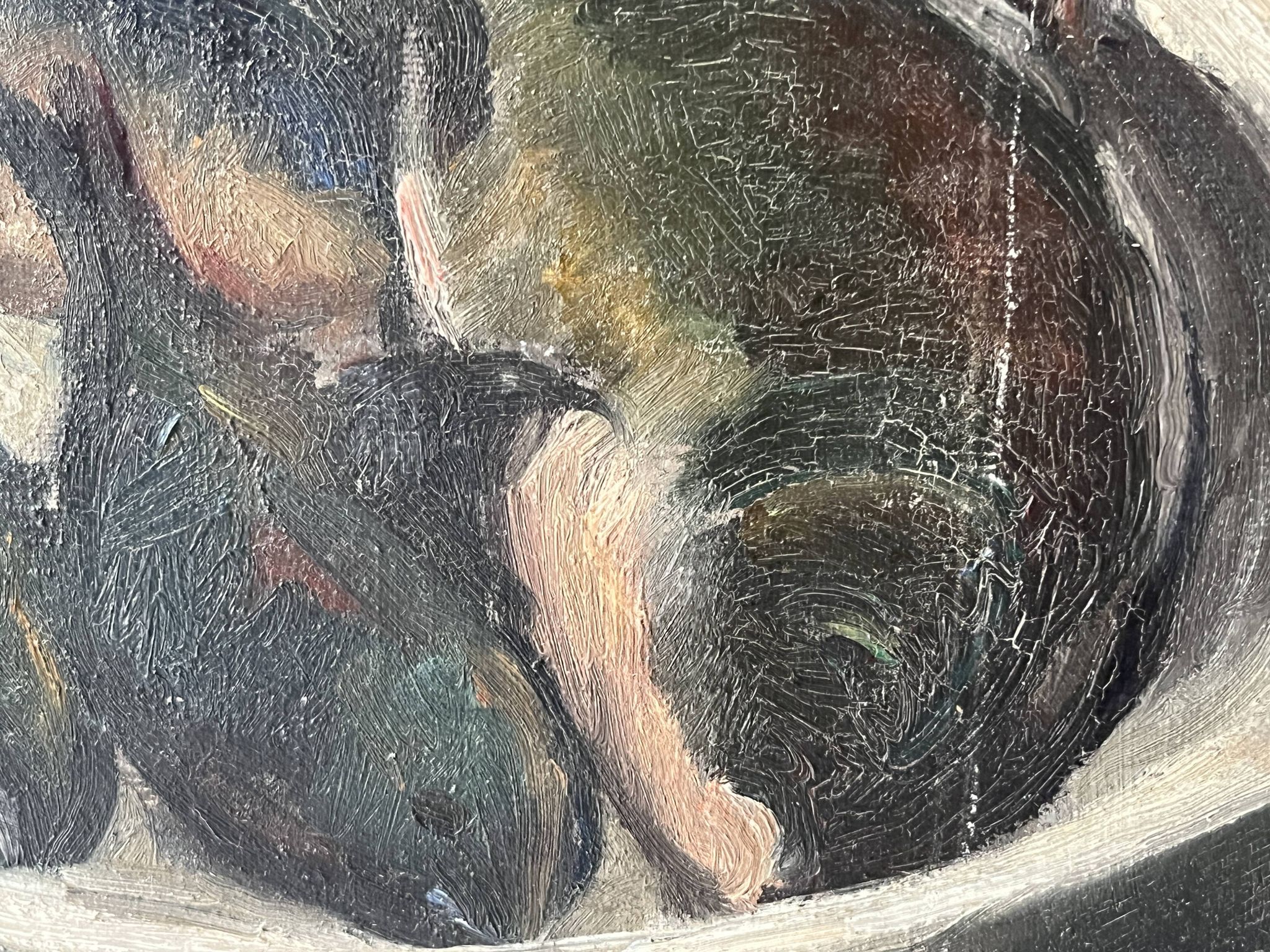 Oil on canvas still life with fish from the 1920s, antique painting.