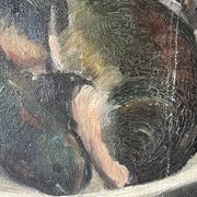 Oil on canvas still life with fish from the 1920s, antique painting.
