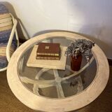 Oval patinated wood and beveled glass coffee table