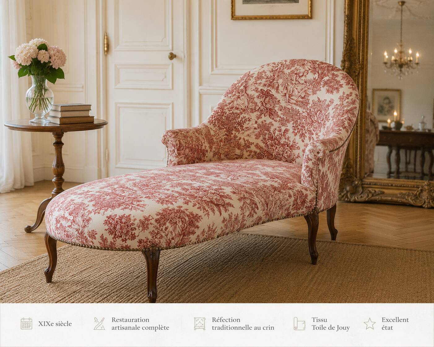 Méridienne ancienne de style Louis XV, restaurée