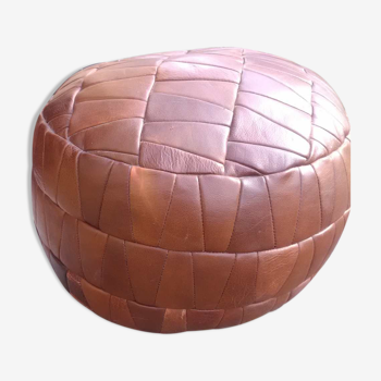 70s brown leather pouf in patchwork