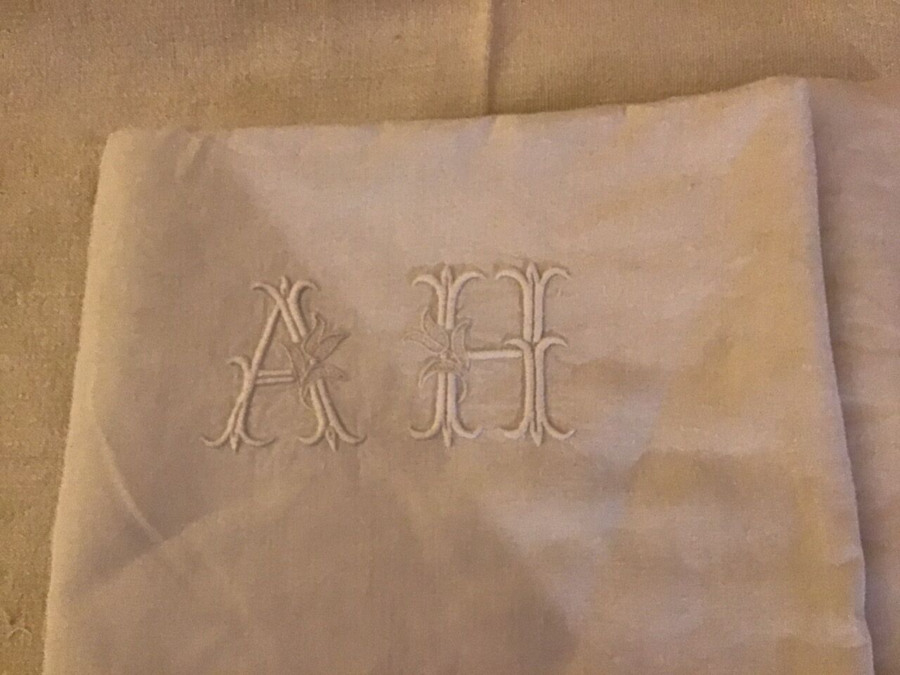 Vintage linen sheet 2 people monogrammed "AH"