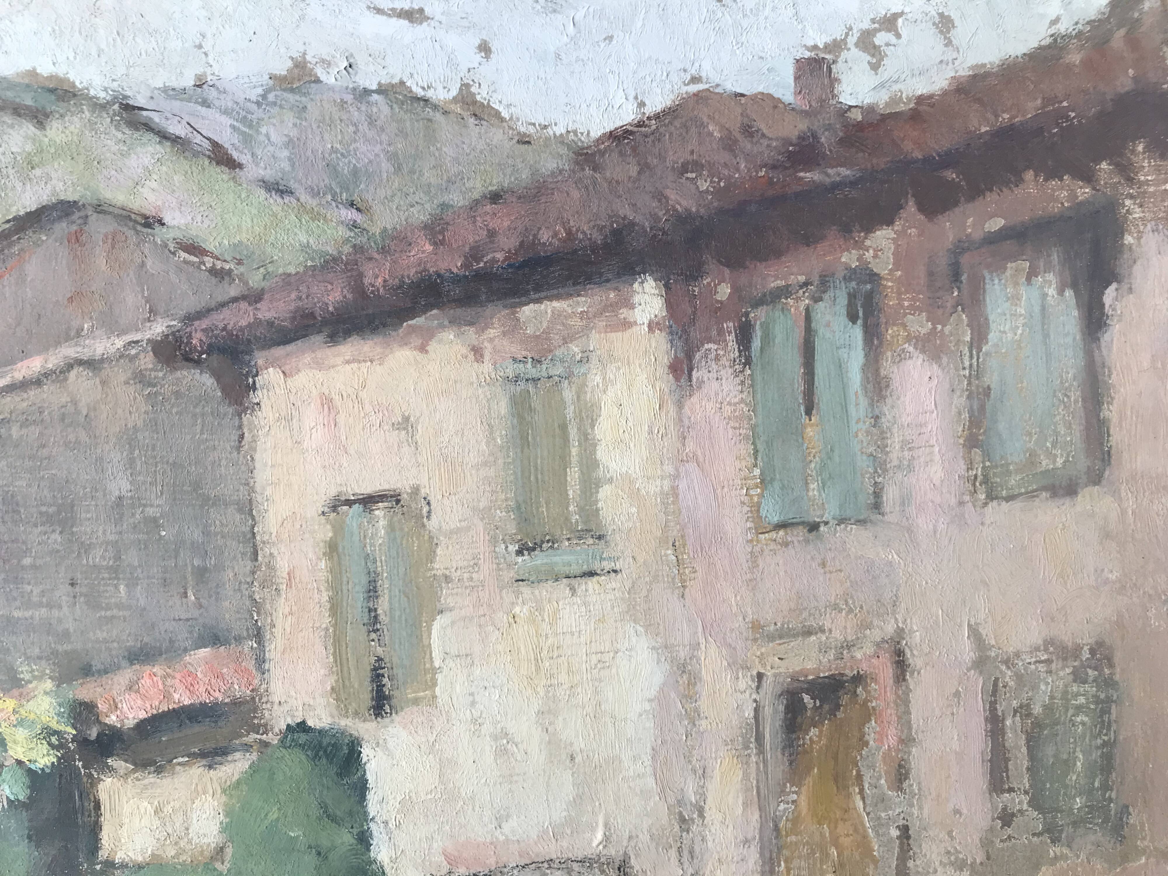 Old painting oil on cardboard peasant village