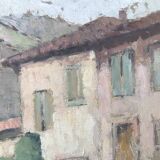 Old painting oil on cardboard peasant village