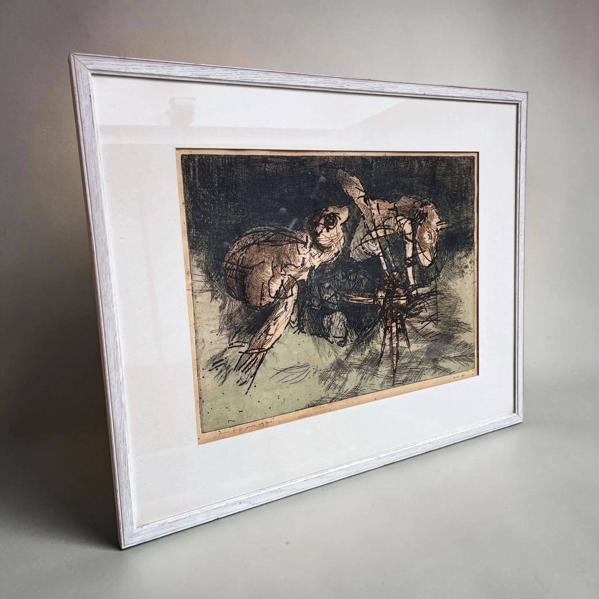 Dutch art print of a jumping frog, 1970, signed and numbered.