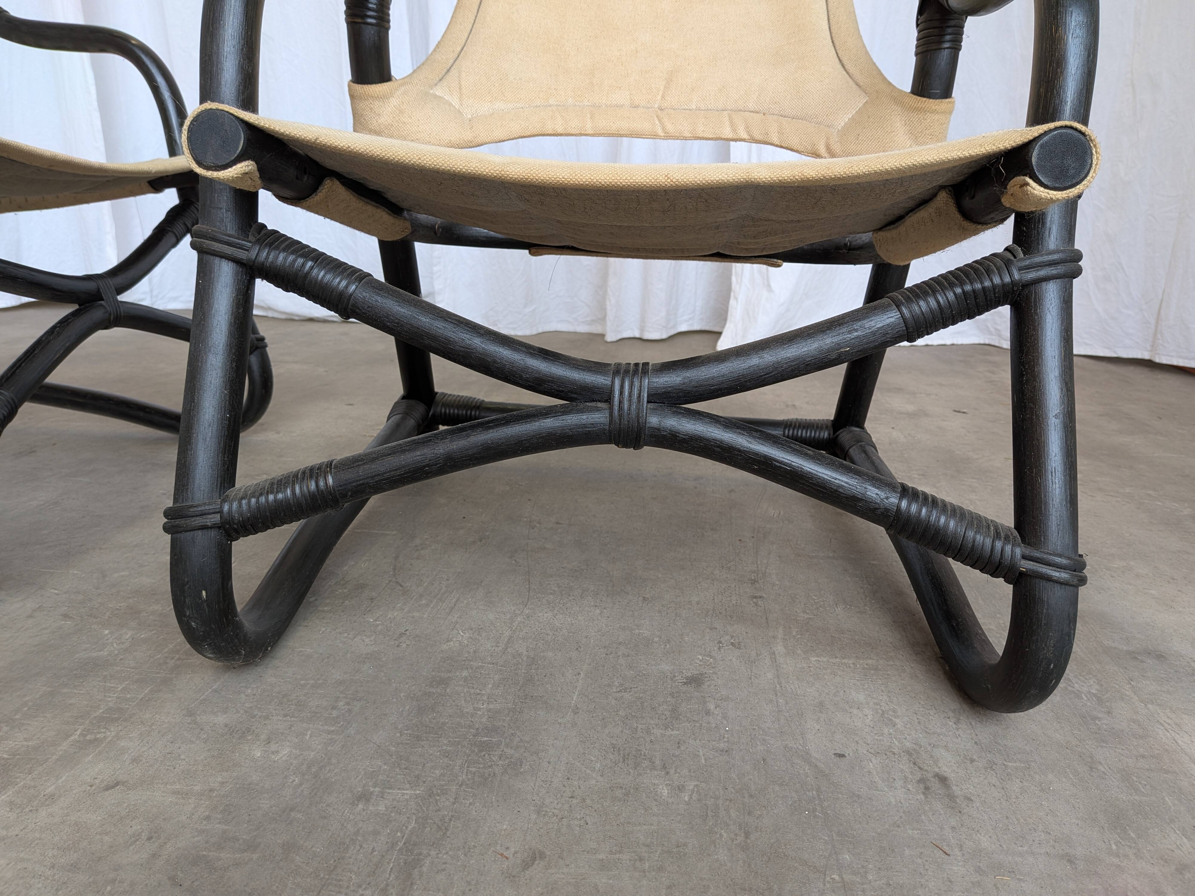 2 Vintage Espri Safari Lounge Armchairs / Rare Mid-century Black Bamboo and Beige Fabric Easy C