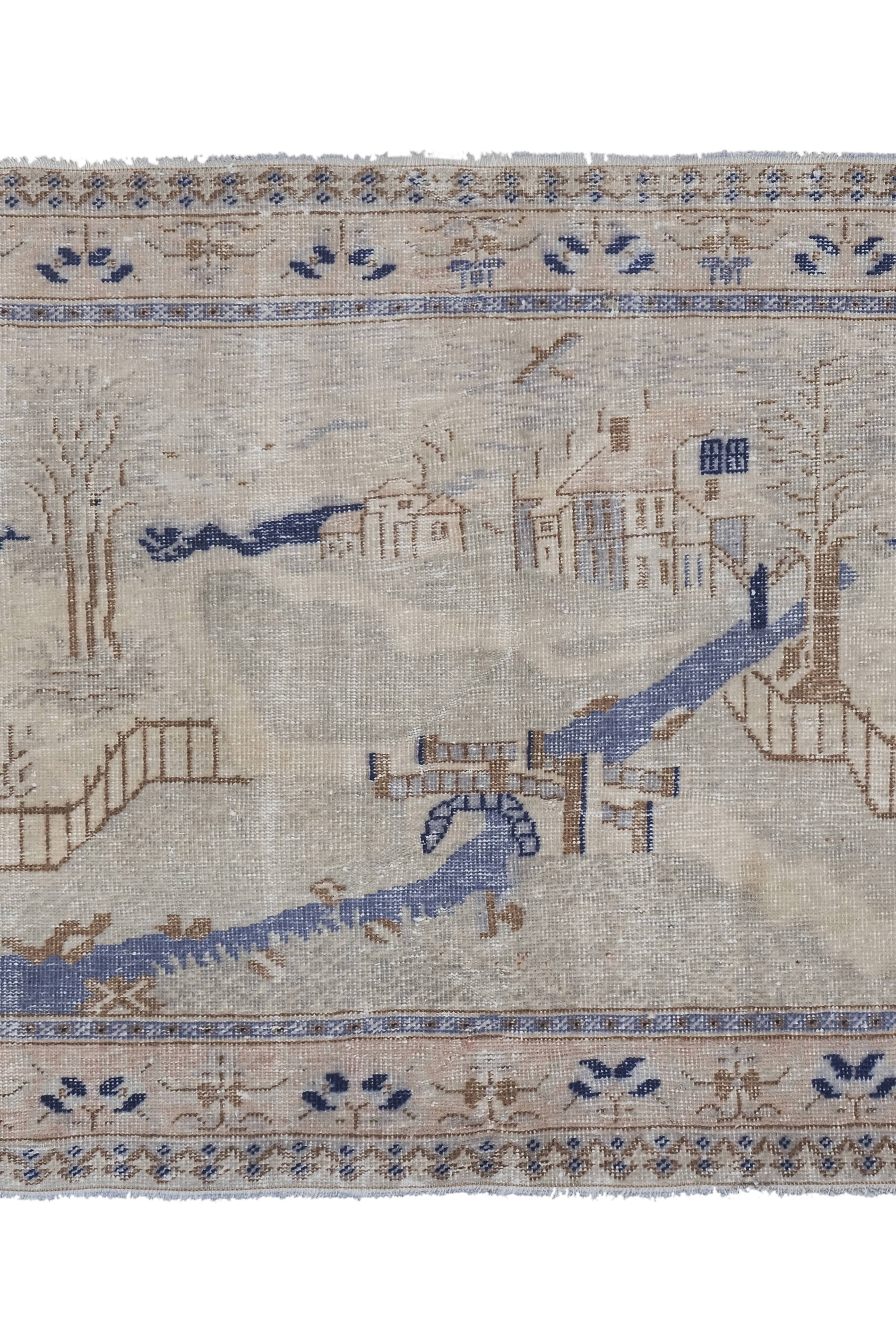 Shabby chic vintage turkish village pictorial rug 3'7'' x 5'4''