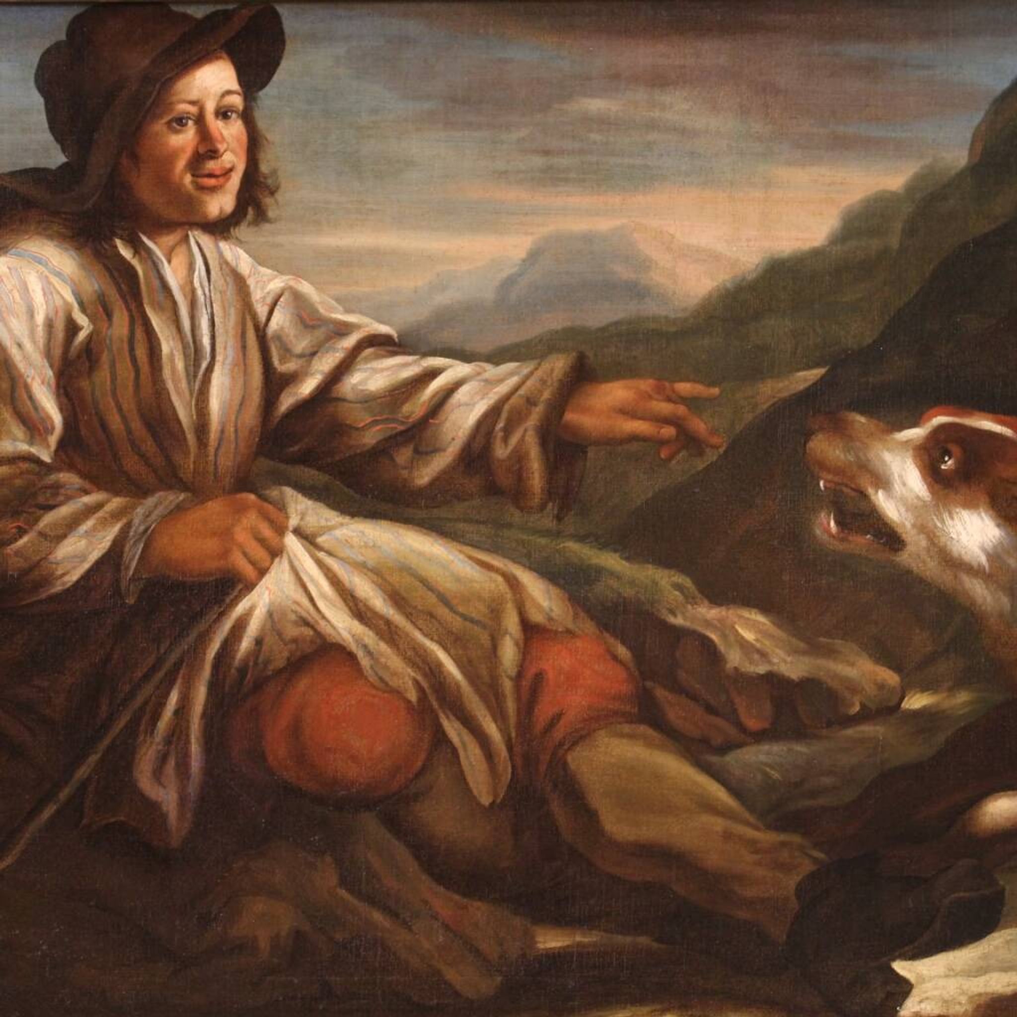 Tableau lombard antique du XVIIe siècle, le berger avec ses chiens